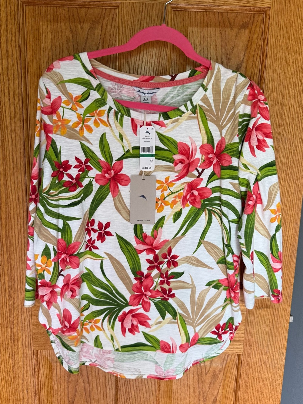 Tommy Bahama Ashby Calli Cove White Floral Scoop-Neck 3/4 Sleeve Top - L